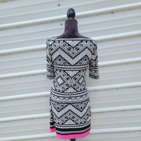 Eliza J Dress Geometric Abstract Black White Shift Pink Stripe Stretch Elbow 6 - Picture 2 of 11